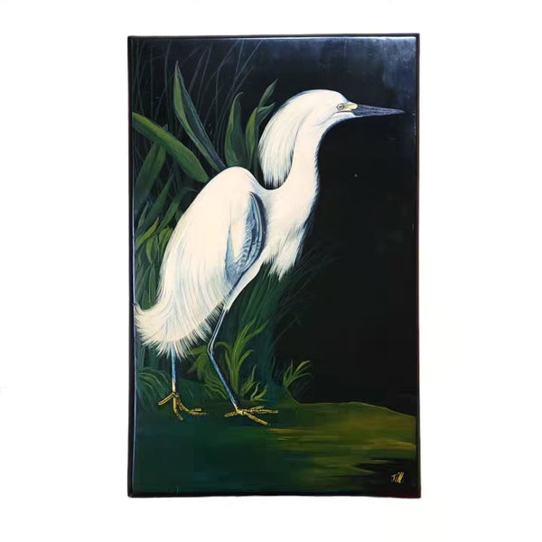 Snowy Heron After Audubon Oil On Wood Painting