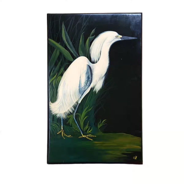 Snowy Heron After Audubon Oil On Wood Painting