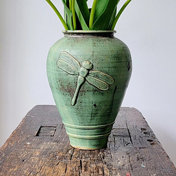 Green Studio Pottery Vase With Dragonfly