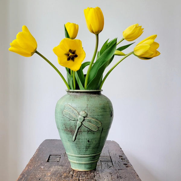 Green Studio Pottery Vase With Dragonfly