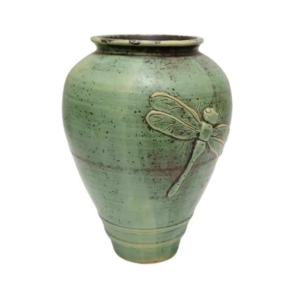 Green Studio Pottery Vase With Dragonfly