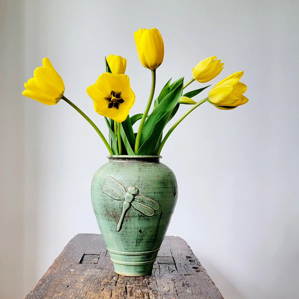 Green Studio Pottery Vase With Dragonfly