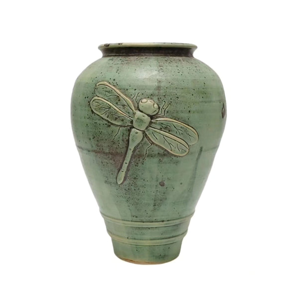 Green Studio Pottery Vase With Dragonfly