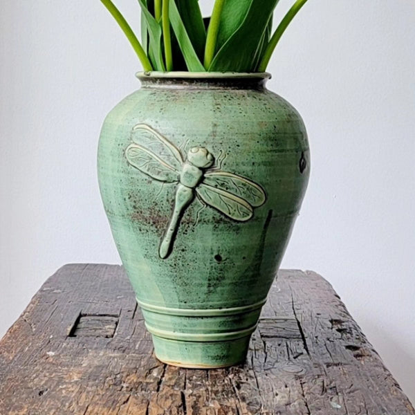 Green Studio Pottery Vase With Dragonfly