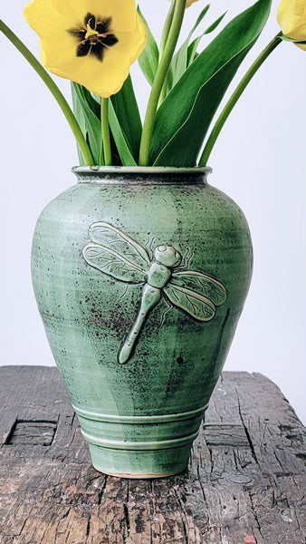 Green Studio Pottery Vase With Dragonfly