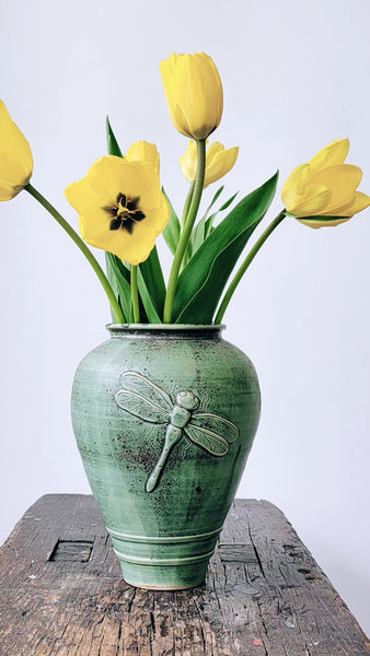 Green Studio Pottery Vase With Dragonfly