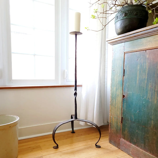 Antique Hand Forged Tall Iron Candle Holder Tripod Legs