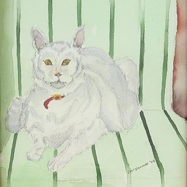 Charming White Cat On Green Chair Watercolour
