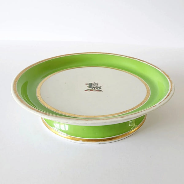 Antique Chamberlain China Cake Plate Apple Green & Whie With Armorial Dragon
