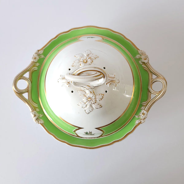 Antique Chinese Exportware Green & White Porcelain Covered Serving Dishes With Armorial Dragons Or Wyverns