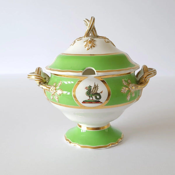 Antique Chinese Green & White Porcelain Soup Tureens With Armorial Dragons