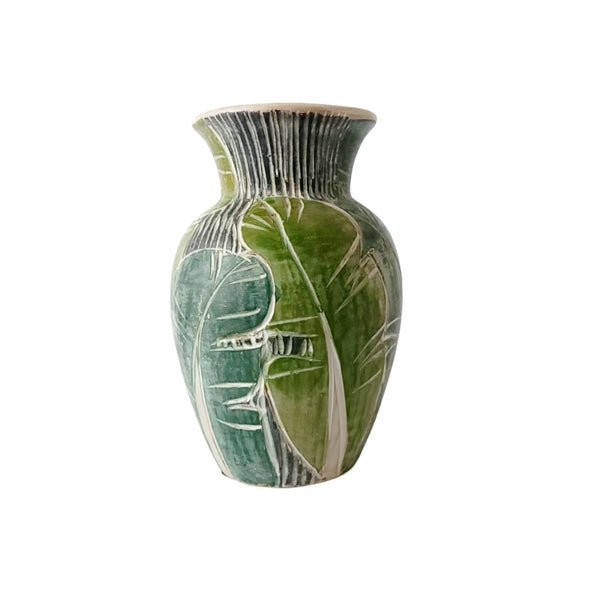 Green Pottery Vase With Banana Leaves