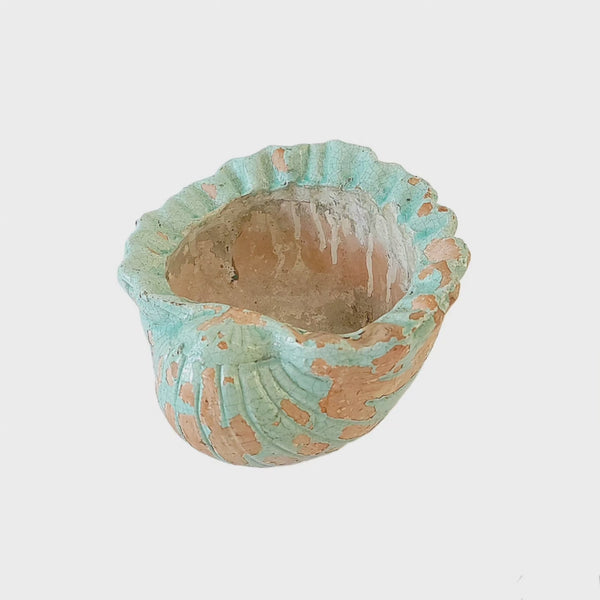 Terra Cotta Shell Planter In Aqua Chippy Paint