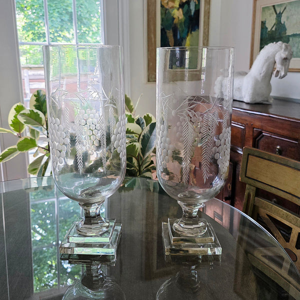 Four Antique Etched Tall Footed Hurricane Lamps Fern & Grapes