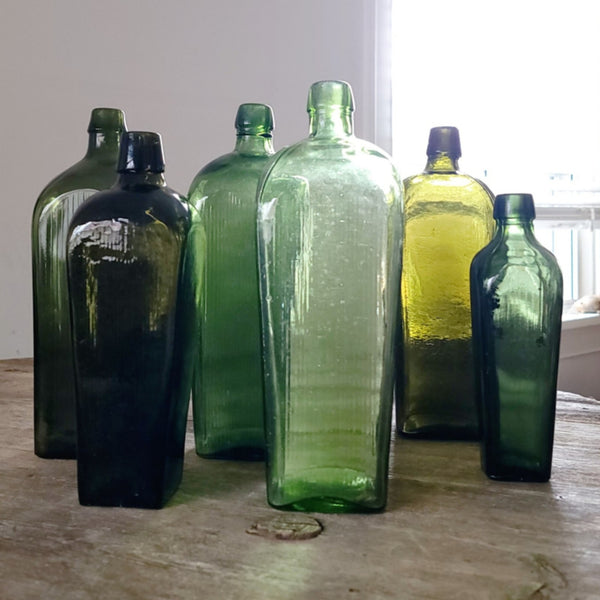 Collection Of Six Antique Green Gin Bottles