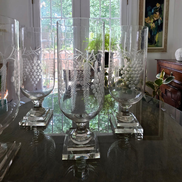 Four Antique Etched Tall Footed Hurricane Lamps Fern & Grapes