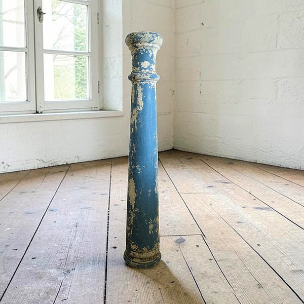 Antique Wood Pedestal Column In Blue & White Paint