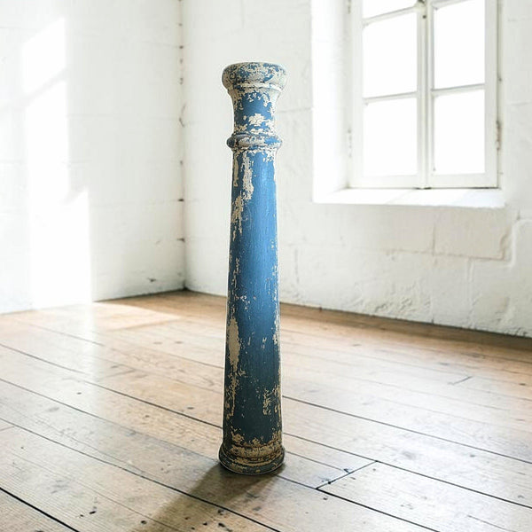Antique Wood Pedestal Column In Blue & White Paint