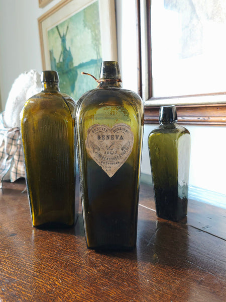 Trio Of Antique Dutch Green Gin Bottles Original Label