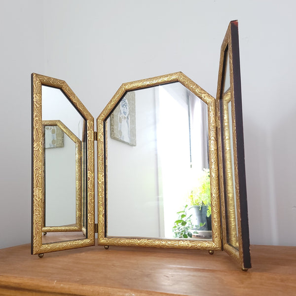 Antique Trifold Wood Tabletop Dresser Mirror