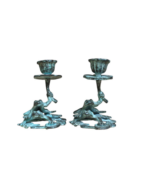 Cast Bronze Frog Candlestick Pair