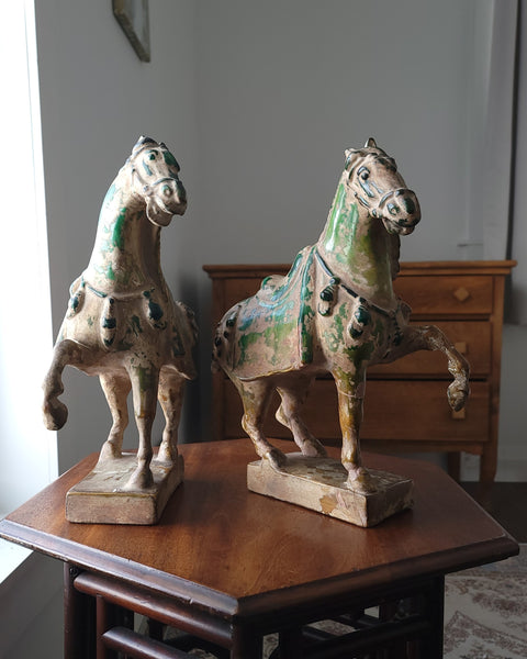 A Pair Of Caparisoned Tang Dynasty Ceramic Horses In Sancai Glaze