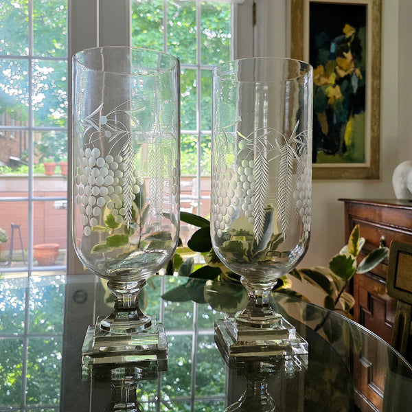 Four Antique Etched Tall Footed Hurricane Lamps Fern & Grapes