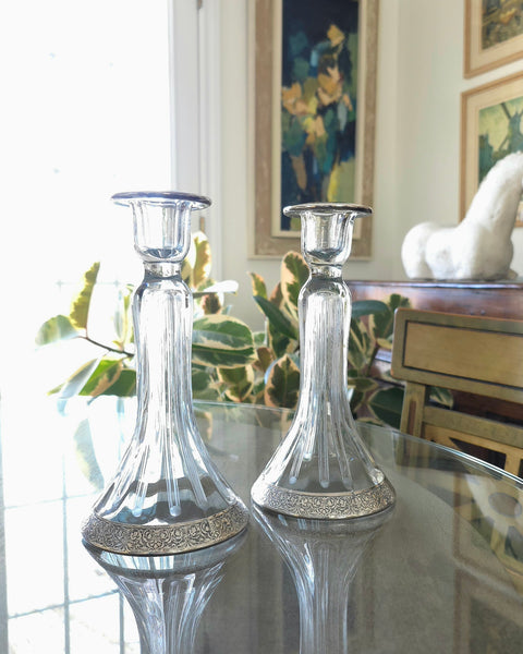 Etched Glass With Silver Overlay Candlestick Pair