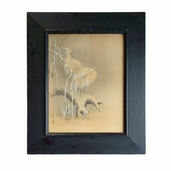 Antique Japanese Watercolour Cranes In Snow