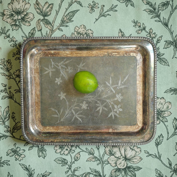 Rectangular Silver Tray With Etched Flowers