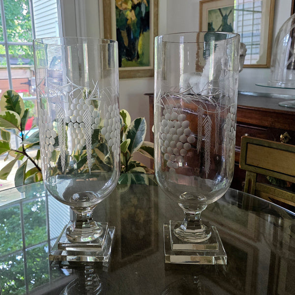 Four Antique Etched Tall Footed Hurricane Lamps Fern & Grapes