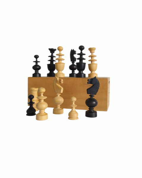 Antique Carved Wood French Regency Chess Pieces With Original Box