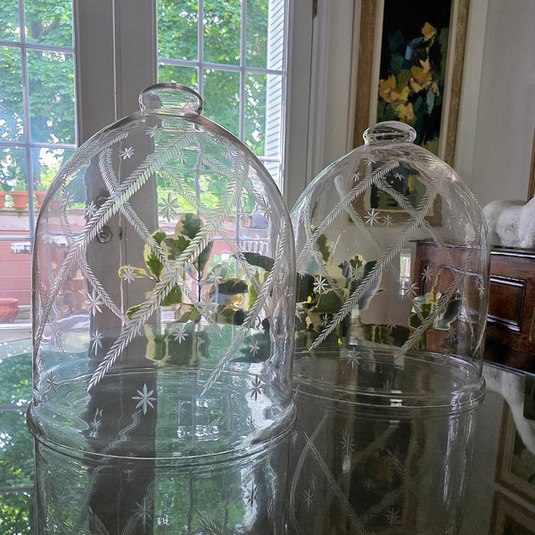 Vintage Hand Blown Glass Cloches Pair With Ferns & Stars