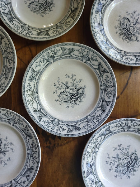 Antique Black & White Nantasket Clovelly Pattern Set Of Six Plates