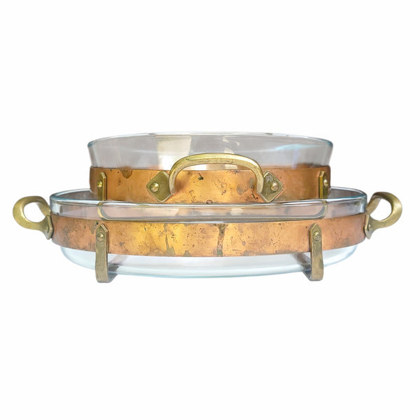 Nils Johan Mid-Century Copper & Brass Serving Stands With Pyrex Glass Dish Inserts