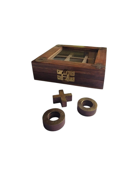 Vintage Wood & Brass X's & O's In A Box Game