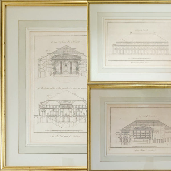 Trio Of Three Antique French Framed Architectural Theatre Prints