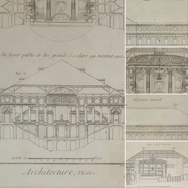 Trio Of Three Antique French Framed Architectural Theatre Prints