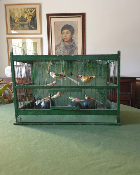 Vintage Green Wood & Metal Bird Cage