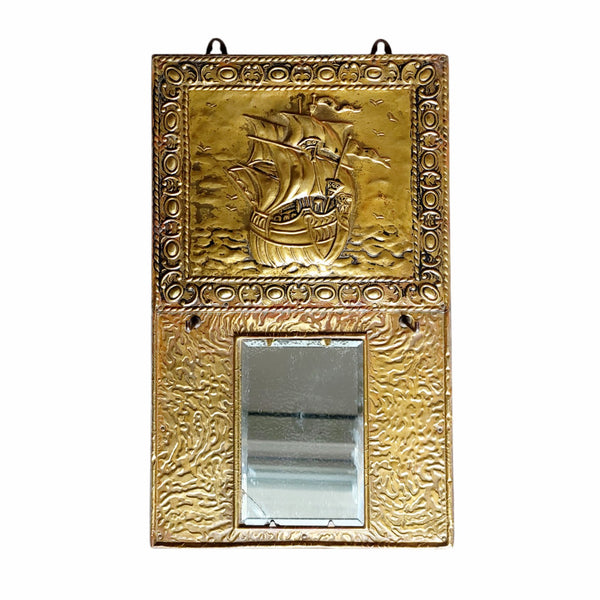 Antique Brass Repousse Mirror With Ship