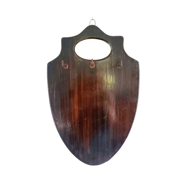 Antique Wood Shield Mirror With Hooks