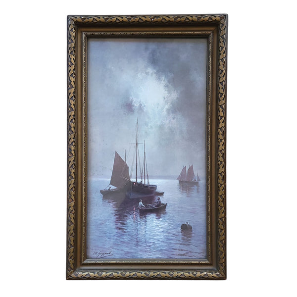 Antique Pair Of Moody Nautical Prints Under Moonlight