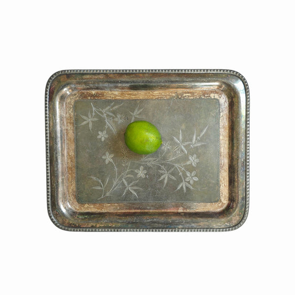 Rectangular Silver Tray With Etched Flowers