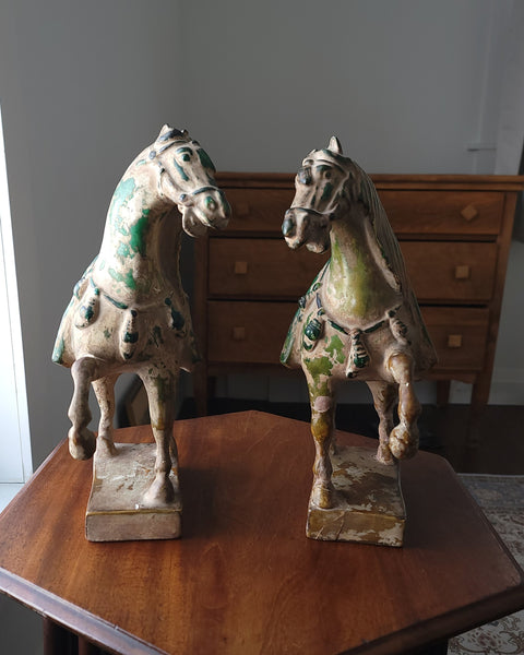 A Pair Of Caparisoned Tang Dynasty Ceramic Horses In Sancai Glaze