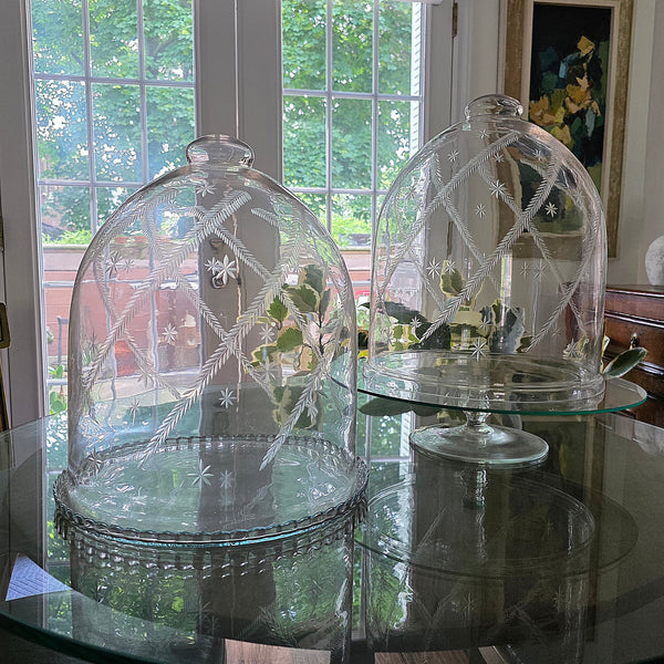 Vintage Hand Blown Glass Cloches Pair With Ferns & Stars