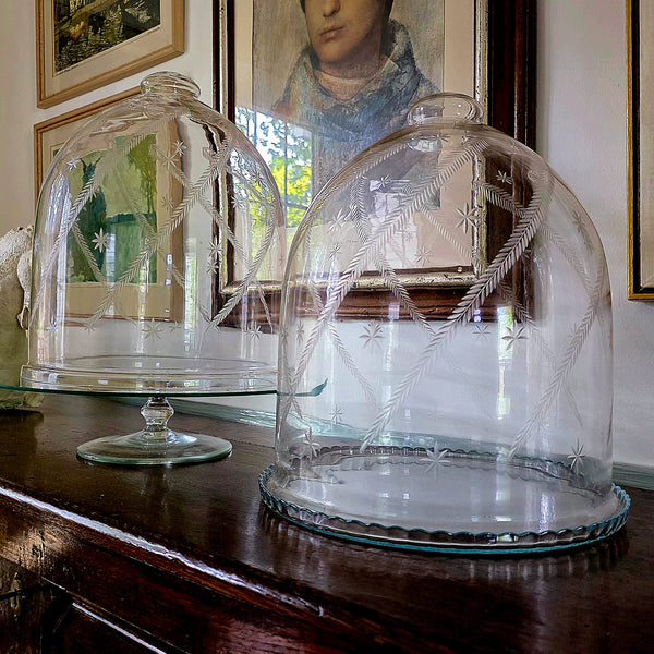 Vintage Hand Blown Glass Cloches Pair With Ferns & Stars