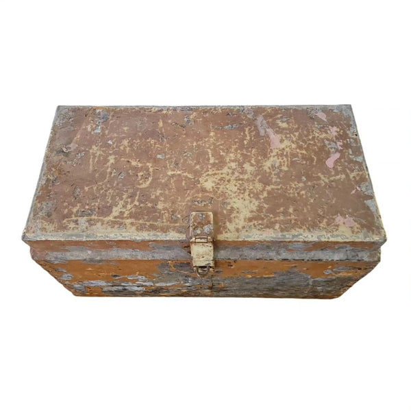 Industrial Primitive Antique Metal Trunk In Mustard Paint