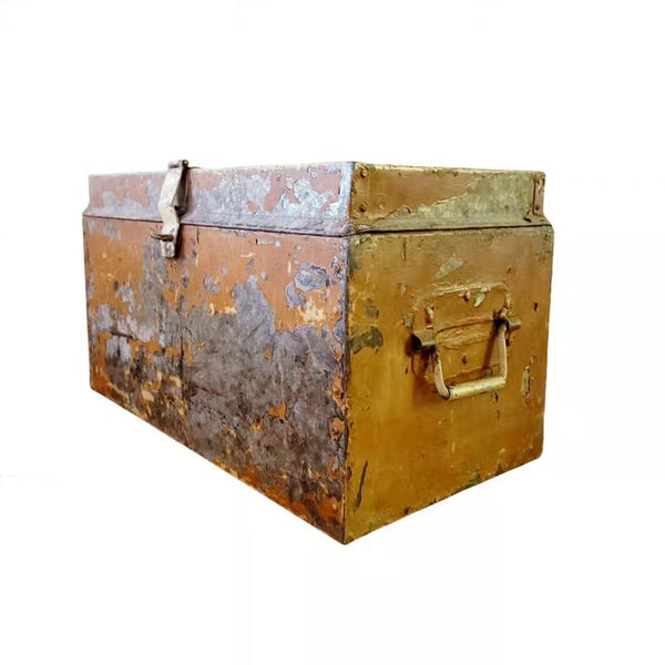 Industrial Primitive Antique Metal Trunk In Mustard Paint