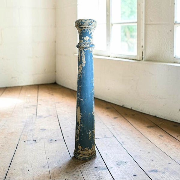 Antique Wood Pedestal Column In Blue & White Paint