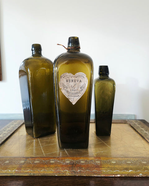 Trio Of Antique Dutch Green Gin Bottles Original Label